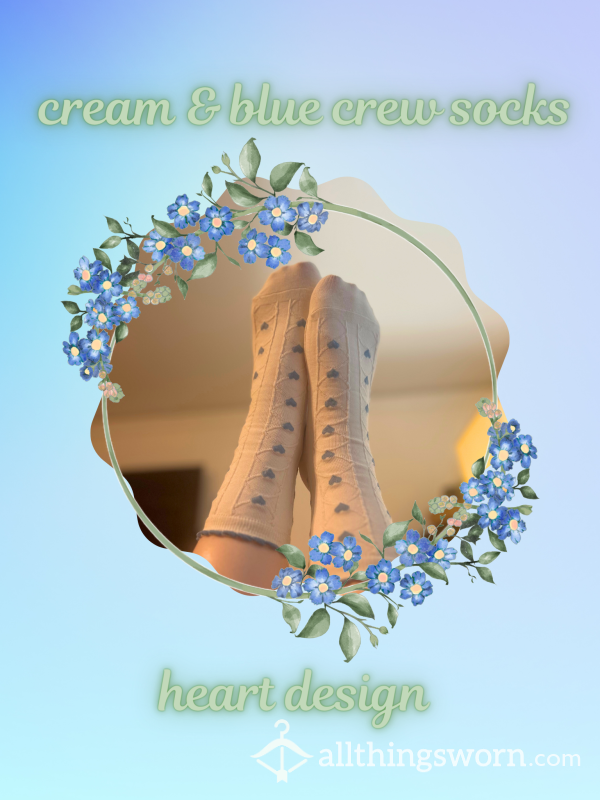 Cream & Blue Heart Crew Socks