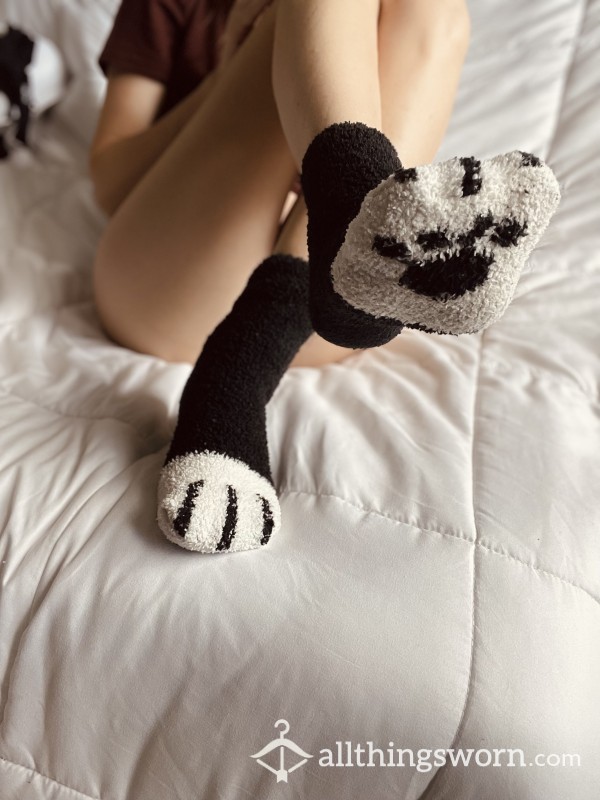 Crew Socks: Fuzzy Dirty Black & White Kitty Paws