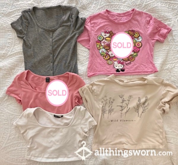 Crop Top | Pink Hello Kitty | Girly Tight Xs | Graphic Tees | White With Armpit Staining| Cotton | Scented, Smelly, Armpits