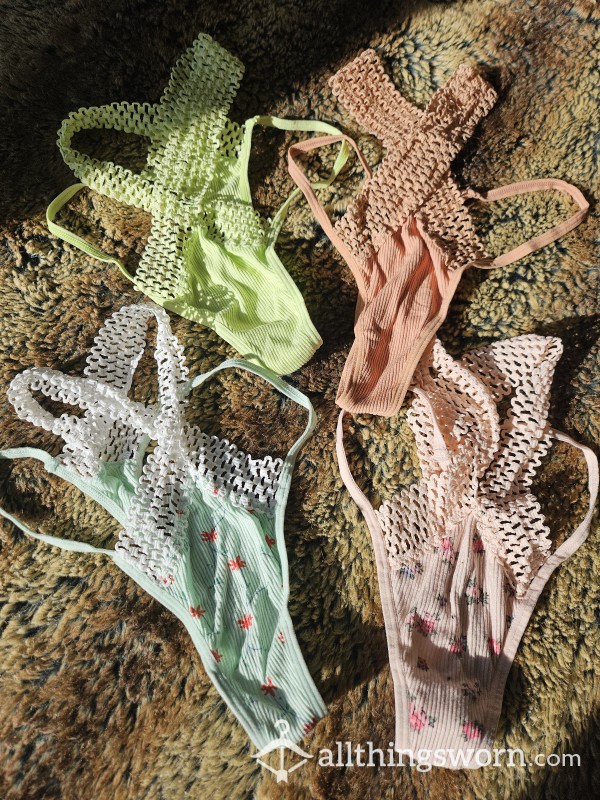Cross Strapped Waist Soft Microfiber Panties Thongs Sale! Pink Floral Thong, Blue Floral Thong, Neon Lime Yellow Green Thong, Brown Thong Underwear Bundle Deal Aisan Japanese Panties
