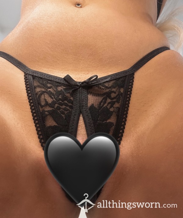 CROTCHLESS Black Lace Thong - Includes Uncensored Photo!