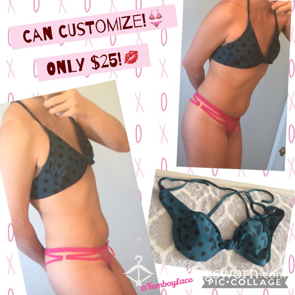 Custom Wear Available! Green Black Polka Dot Tie Back Bikini Swimwear!👙