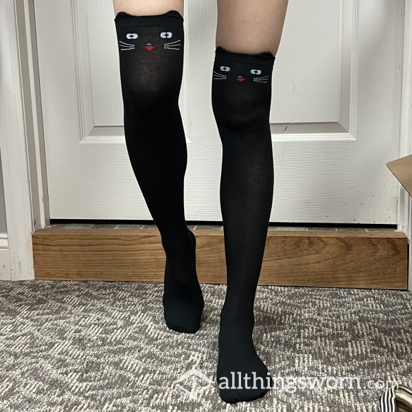 Cute Black Cat Face Thigh High Socks