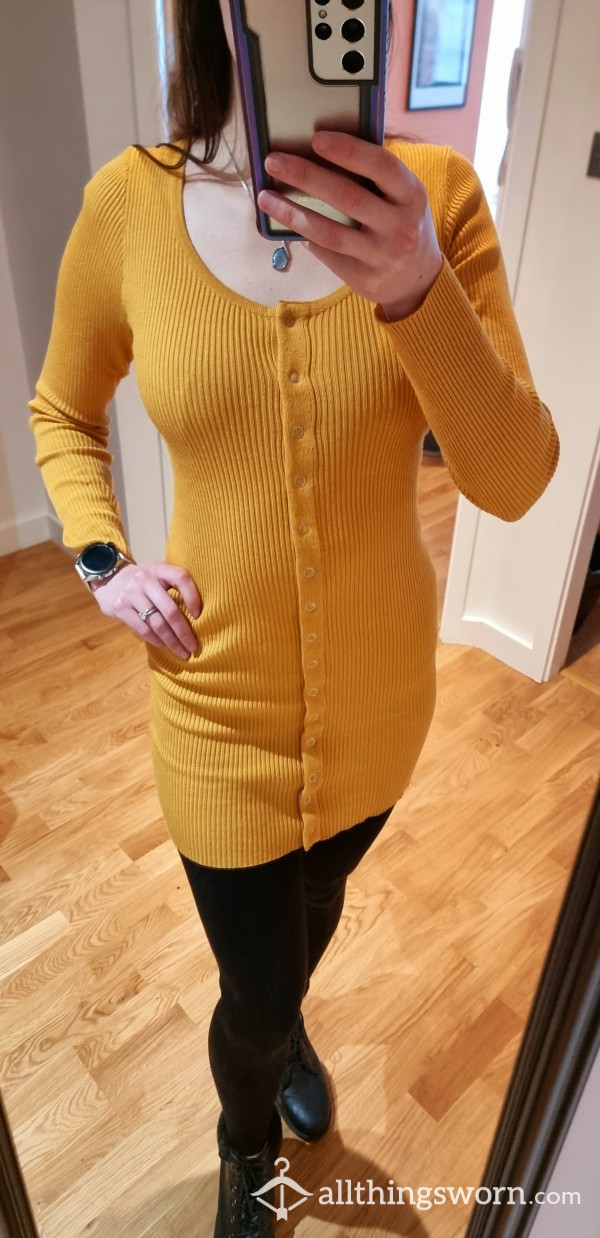 💛💛💛 Cute Button-Up Mustard Long-Sleeve Stretchy Dress 💛💛💛