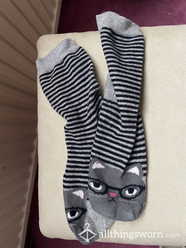 Cute Cat Black And Grey Stripy Cotton Crew Socks- Worn As Long As You Like 👣