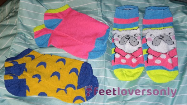 Cute, Colorful Ankle Socks--Bulldog; Yellow With Blue Moons; Pink/blue/yellow Color Blocks