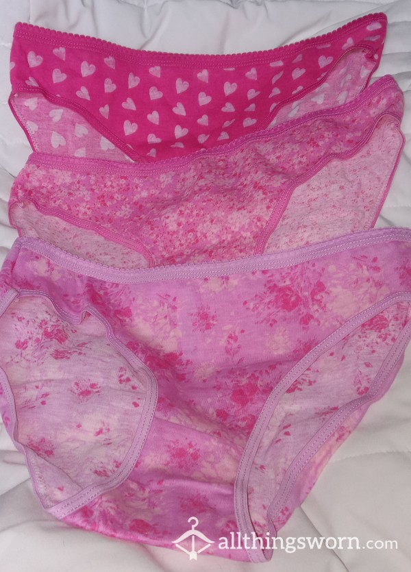 3 Choices--Cute Cotton Bikini Panties, Sz Medium.  Hearts, Flowers, Bright!