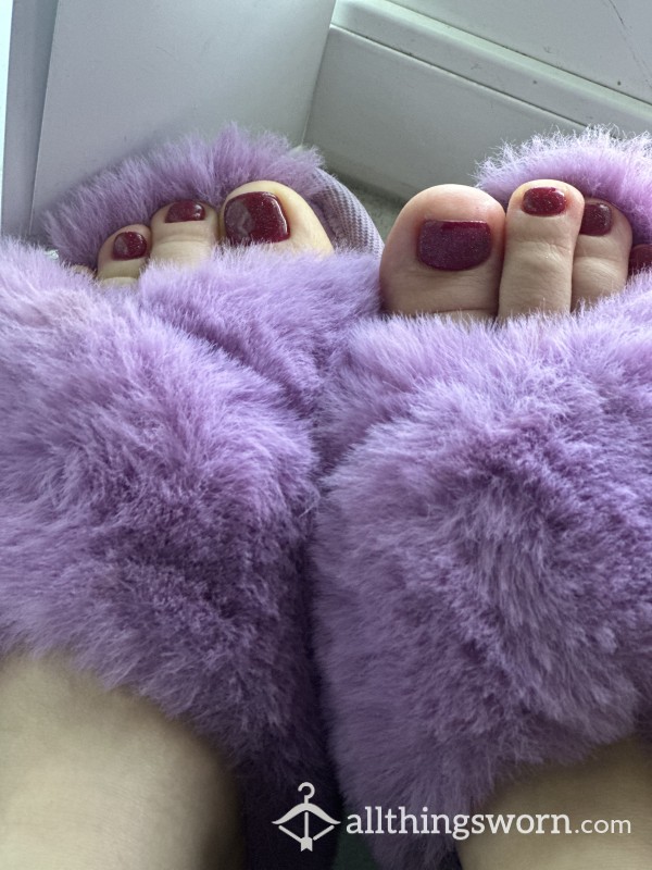 Cute Fluffy Cozy Slippers Worn By Cutest Feet And Pedicured Toes