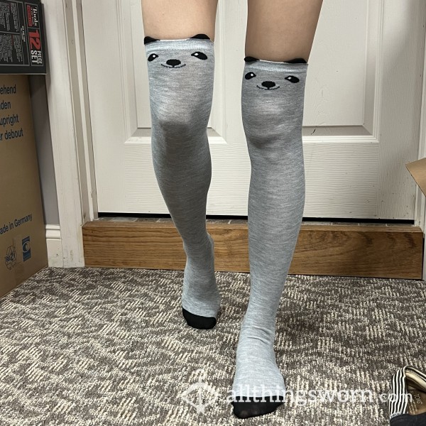 Cute Gray Thigh High Socks With Cute Bear Face