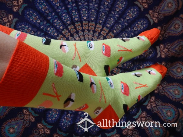 Cute Green And Orange Socks With Sushi Pattern- 48h Wear