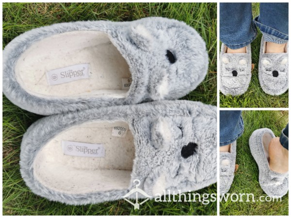 Cute Grey Koala Fluffy Slippers UK 6
