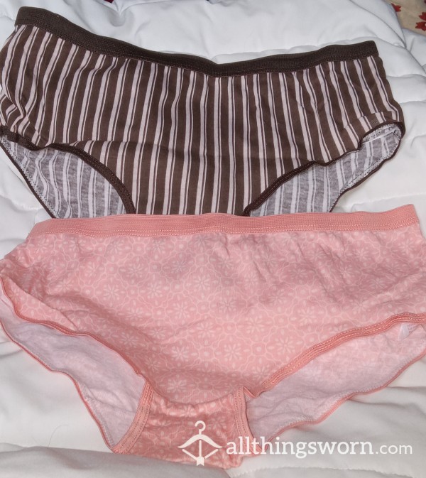 Cute-patterned Briefs, Size Small.  Peach And Brown Stripes; Coral/peach Retro Flowers