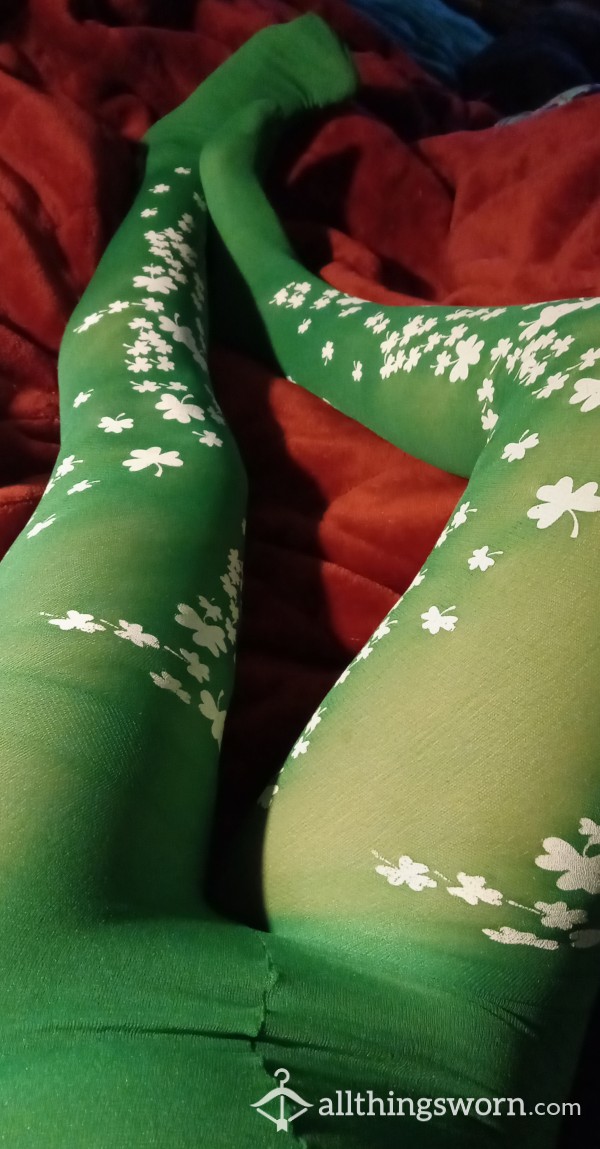 Cute St. Patrick's Day Green Tights With White Shamrocks.Size XS/S
