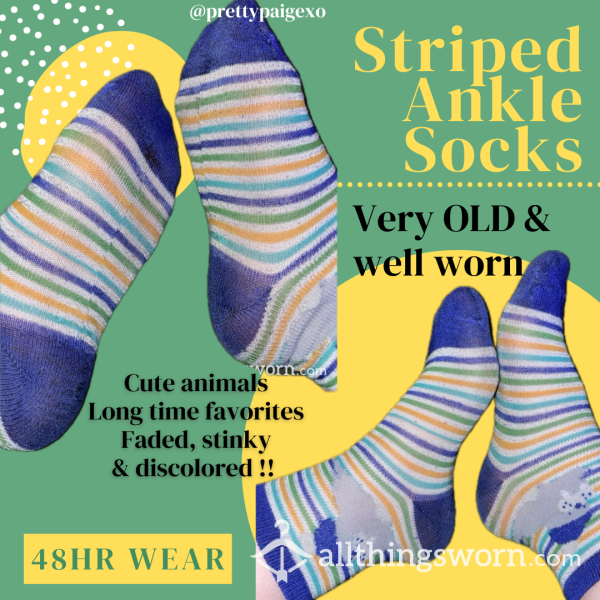 Tall Striped Socks 💋 Cute Animals, Well-worn & Old 👣 Cotton, With 48hr Wear 🫶🏼