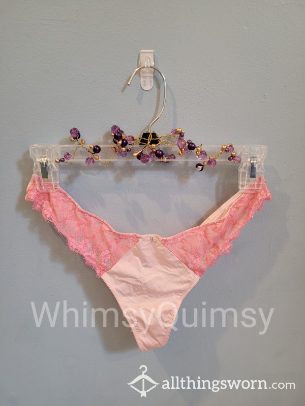 Cute Two-tone Lace Pink Thong With Gemstone Accent