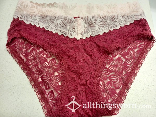 Cute Worn  Burgundy Lace Panties Size S