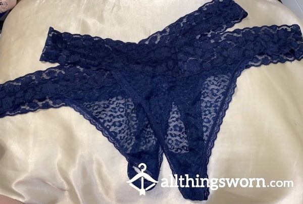 Dark Blue Lace Thongs. 48hr Wear & Free US Shipping