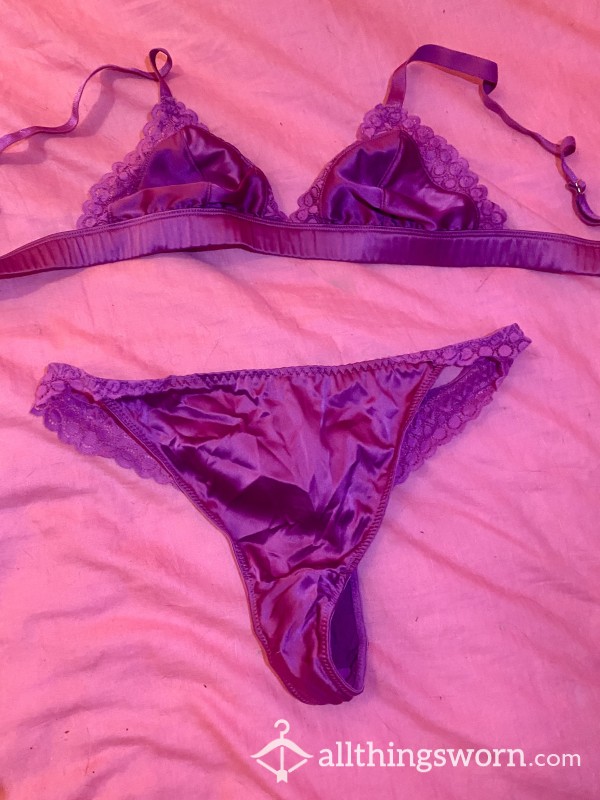 Deep Purple Silk Satin Bralet And Thong With Lace Trim