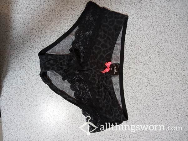 Dirty Black Animal Print Cotton Brief With Lace Trim And Pink Front Bow