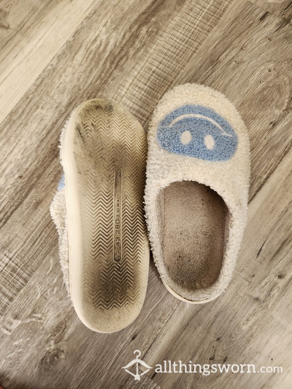 Dirty Old Fuzzy Smiley Slippers