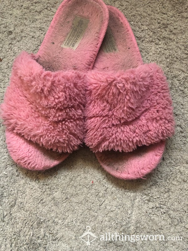 Dirty Old Pink Fluffy Peep Toe Slip On Slippers