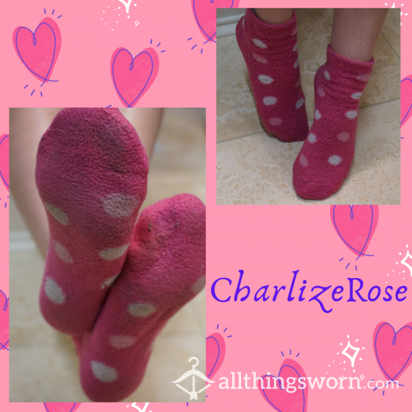 Dirty Pink Fuzzy Socks W/ White Dots