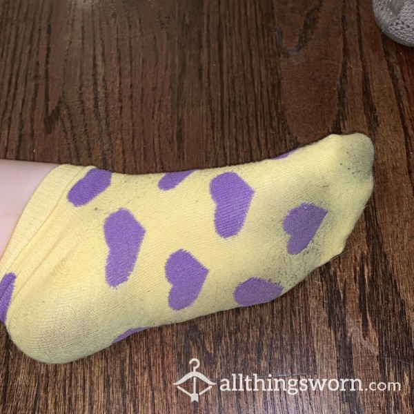 Dirty, Sweaty Yellow And Purple Heart Socks