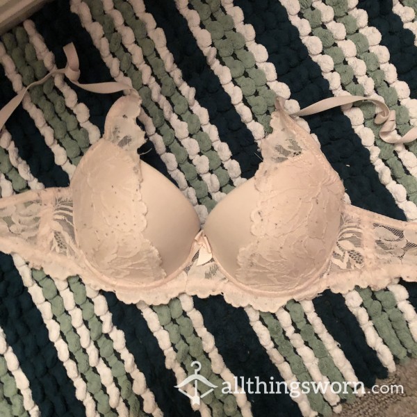 Dirty, Well Worn Discolored Peach Lace Padded Up Bra
