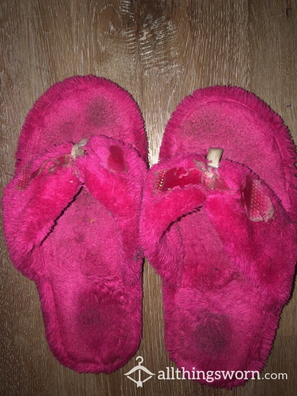 Dirty, Worn, Pink Fuzzy House Slippers