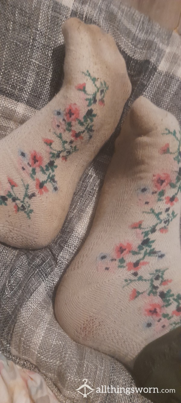Dirty Worn White Flowery Socks