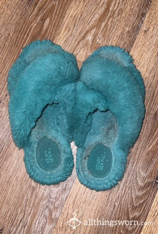 Disgusting Teal Stained House Slippers Worn Outside