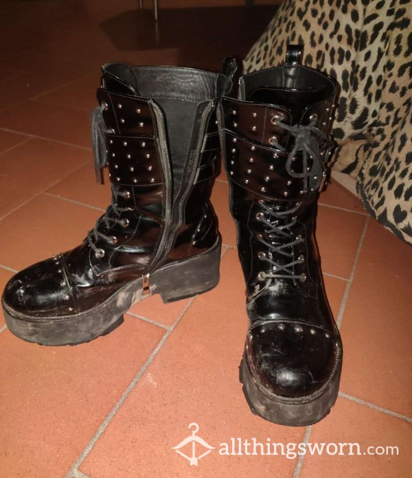 Dolls Kill Black Leather Platform Boots - Size 38/8 Well Worn