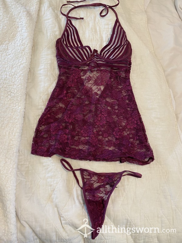 Dreamgirl Maroon Lingerie & Thong Set - One Size