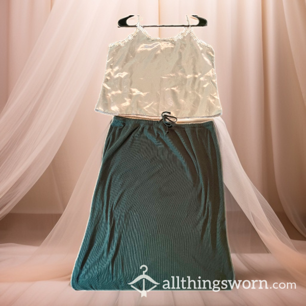 Enchanting Ensemble: Dark Green Skirt (XL) & Silver Daisy Lingerie Top (L)