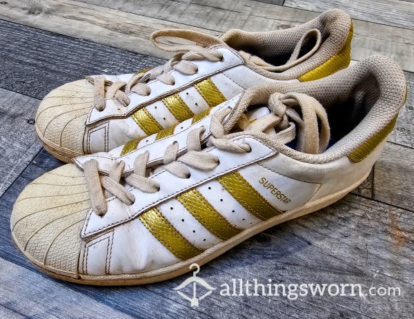 Extremely Well Worn Adidas Super Star Trainers For You Foot Fetish Slaves, Very Worn Very Loved And Lived In!!