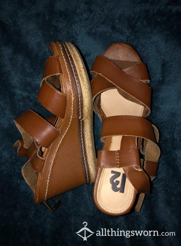 Extremely Well Worn Leather Sandals With Wedges