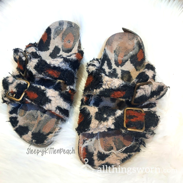 Extremely Well Worn Leopard House Slippers Size 6