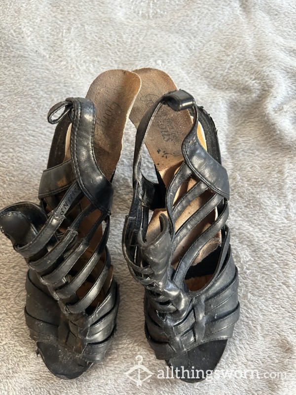 SOLD Extremely Well-Worn Sweaty, Black, Open Toe, Strappy Heels Size UK5