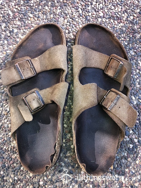 EXTREMELY WORN Birkenstocks With Dark Insoles And Feet Imprints
