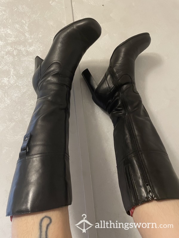 Extremely Worn Leather Black Knee High Boots