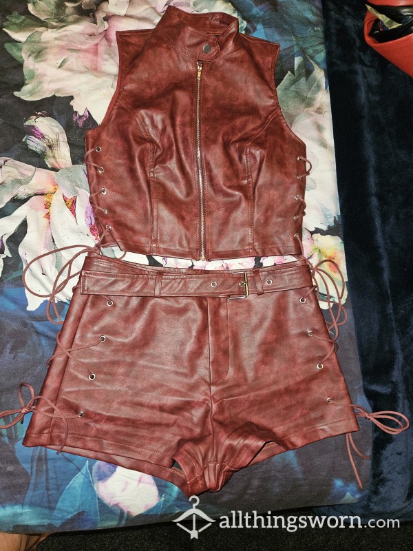 Faux Leather 2 Piece Red Set With Tie Sides