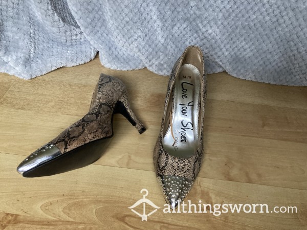 Faux Snake Skin Heels With Metal Toe Caps, Size 6 (UK)