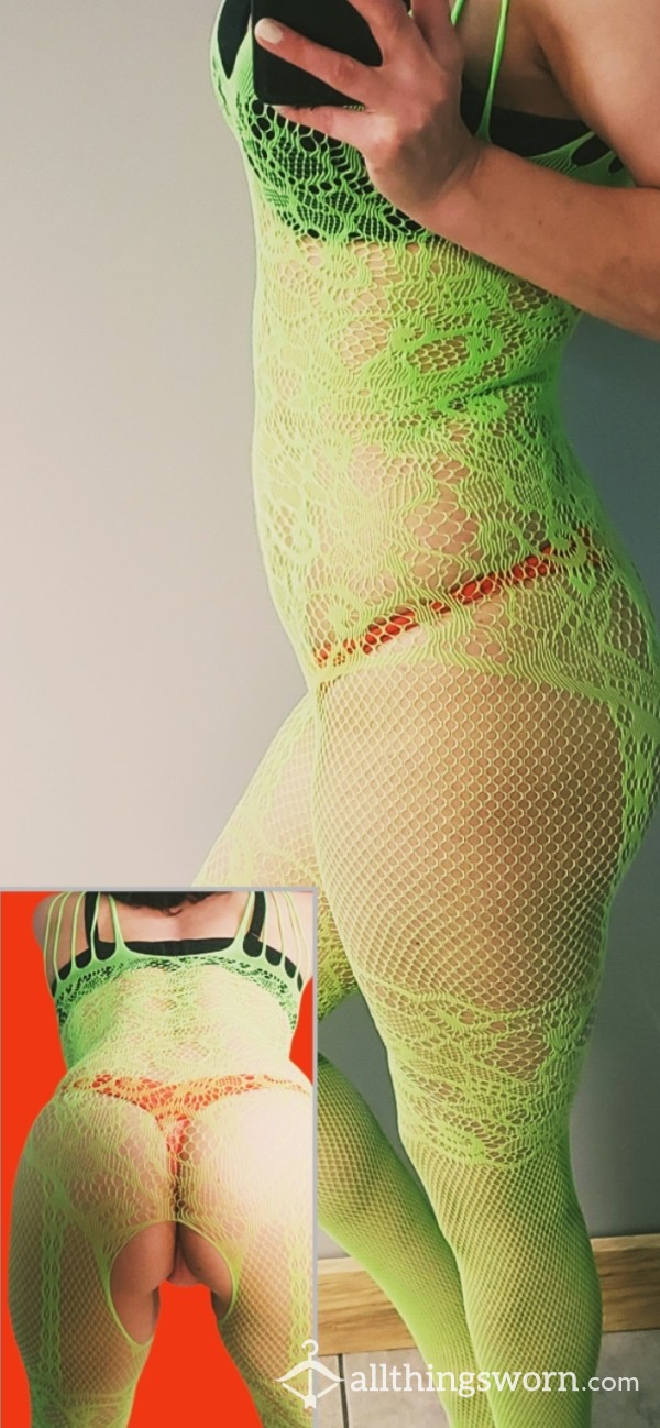 Feeling Bright- Orange Thong With Neon Green Fishnet Body Suit