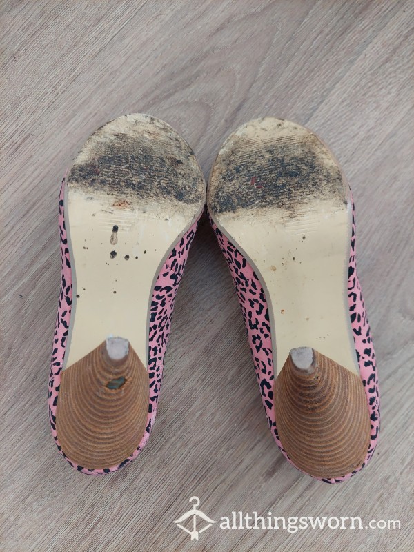 Filthy Worn Heels, Pink Leopard Print, Worn Shoes, Used Shoes, Size 3, With Toe Jam