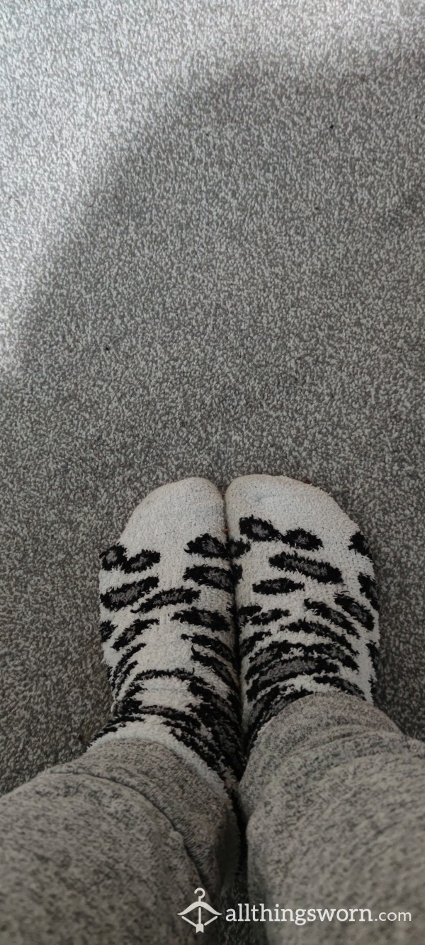 Filthy/smelly Well Worn Holy White Leopard Print Fluffy Socks