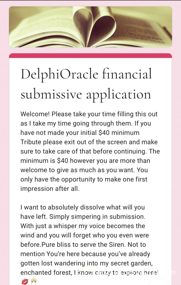 Findom | Femdomme Submissive Application
