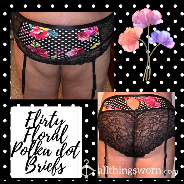 Flirty Floral Polka Dot Briefs With Attached Garter Belt