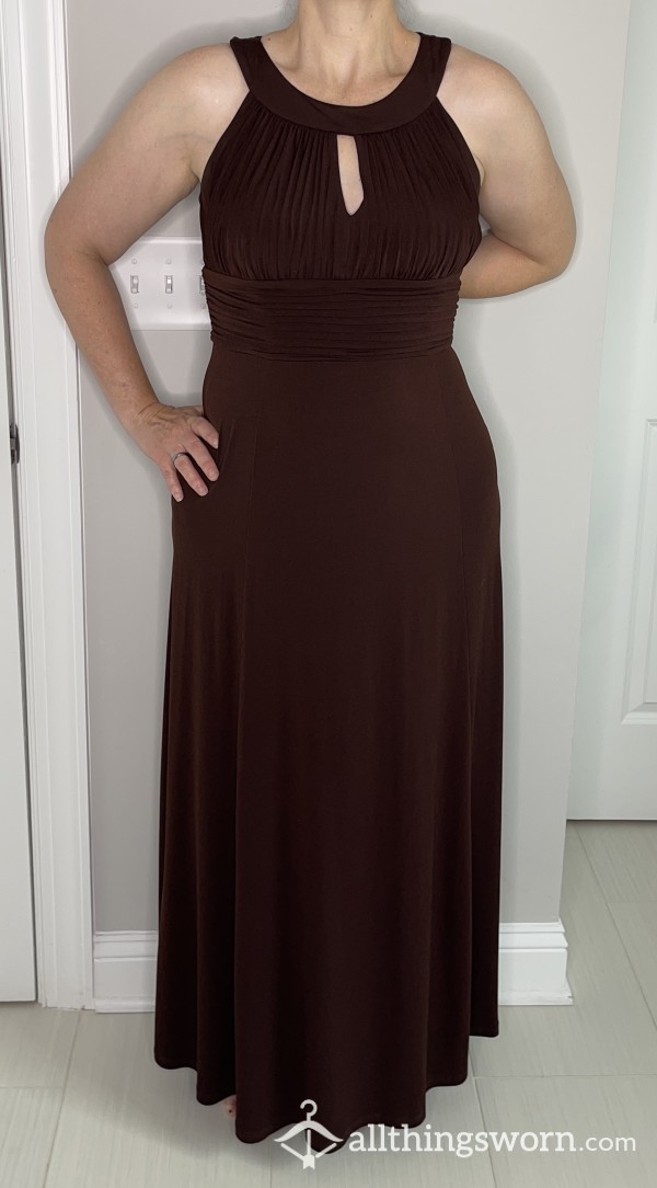 Floor-Length, High-Necked, Silky, Espresso Colored Dress