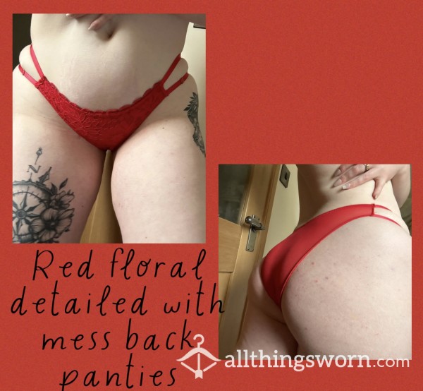 Floral Detailed Red Panties With A Mess Back