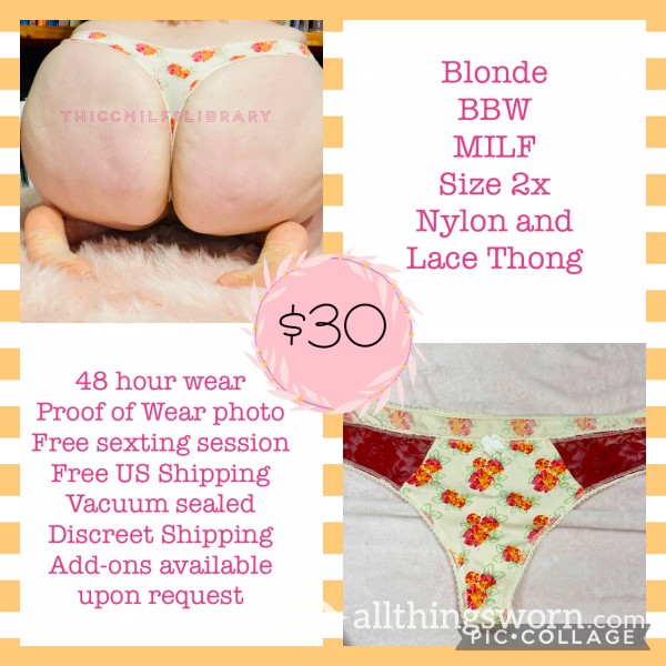 Floral Nylon And Lace Thong Worn By Blonde BBW MILF